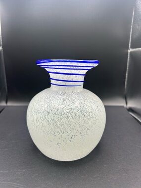 Art Glass Vase White Mottled Splatter with Cobalt Blue Striped Flared Rim 5in